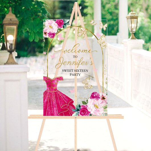 ホットピンクバタフライスウィート16へようこそ アクリルサイン