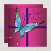 ホットピンクバタフライスウィート16パーティー 招待状 (正面/裏面)