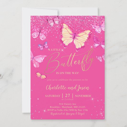 ホットピンクバタフライベビーシャワーパーティの招待状 招待状 (正面)