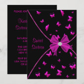 ホットピンクバタフライSweet sixteenパーティー 招待状 (正面/裏面)