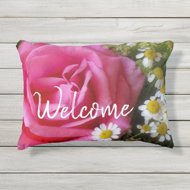 ホットピンクバラとホワイトデイジー写真 アウトドアクッション (正面)