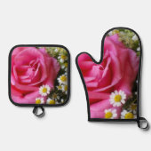 ホットピンクバラとホワイトデイジー写真 鍋つかみ&鍋敷きセット (正面)