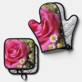 ホットピンクバラとホワイトデイジー写真 鍋つかみ&鍋敷きセット (正面/裏面)