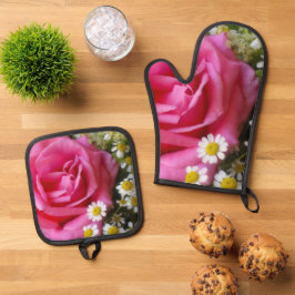 ホットピンクバラとホワイトデイジー写真 鍋つかみ&鍋敷きセット