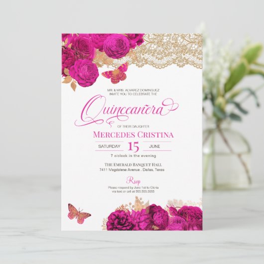 ホットピンクバラとレースバタフライキンセアニベンジ 招待状 (スタンド正面)