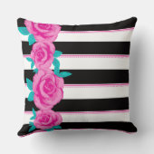 ホットピンクバラオン白黒ストライプの枕 クッション (裏面)