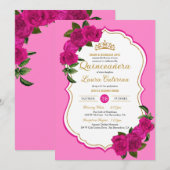 ホットピンクバラブラック&金ゴールドエレガントキンセアニェラ 招待状 (正面/裏面)