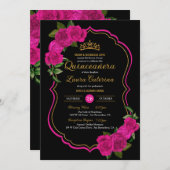 ホットピンクバラブラック&金ゴールドエレガントキンセアニェラ 招待状 (正面/裏面)