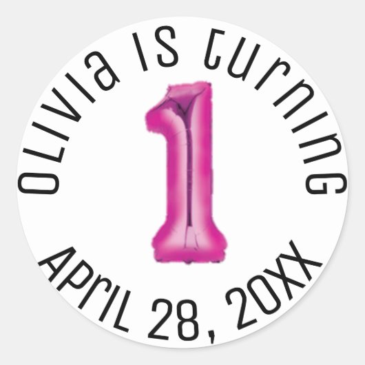 ホットピンクバルーンファースト女子誕生日モダンパーティー ラウンドシール (正面)