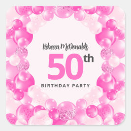 ホットピンクバルーンフェイクグリッター50th誕生日パーティー スクエアシール