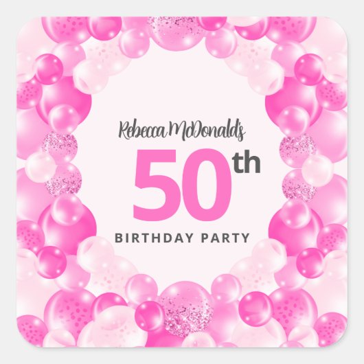 ホットピンクバルーンフェイクグリッター50th誕生日パーティー スクエアシール (正面)
