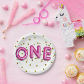 ホットピンクバルーン金ゴールドドットONE 1st誕生日パーティー ペーパープレート (パーティー)