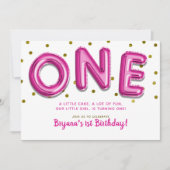 ホットピンクバルーン金ゴールドドットONE 1st誕生日パーティー 招待状 (正面)