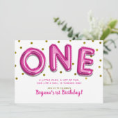 ホットピンクバルーン金ゴールドドットONE 1st誕生日パーティー 招待状 (スタンド正面)