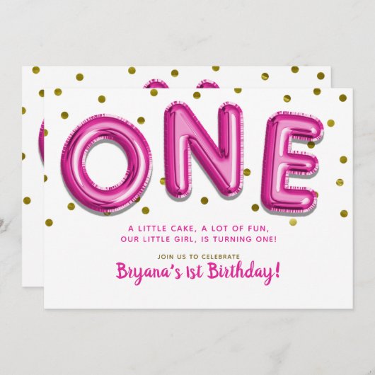 ホットピンクバルーン金ゴールドドットONE 1st誕生日パーティー 招待状 (正面/裏面)