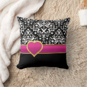 ホットピンクバンドとハートを備えた白黒ダマスク クッション (ブランケット)