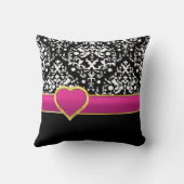 ホットピンクバンドとハートを備えた白黒ダマスク クッション (裏面)