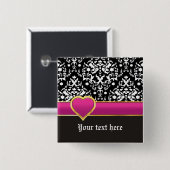 ホットピンクバンドとハートを備えた白黒ダマスク 缶バッジ (正面&裏面)