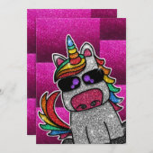 ホットピンクバースデーパーティーレインボーグリッターユニコーン 招待状 (正面/裏面)