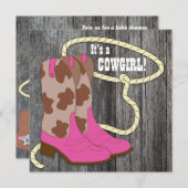 ホットピンクバーンウッド女性のカーボーイベビーシャワー招待状 招待状 (正面/裏面)