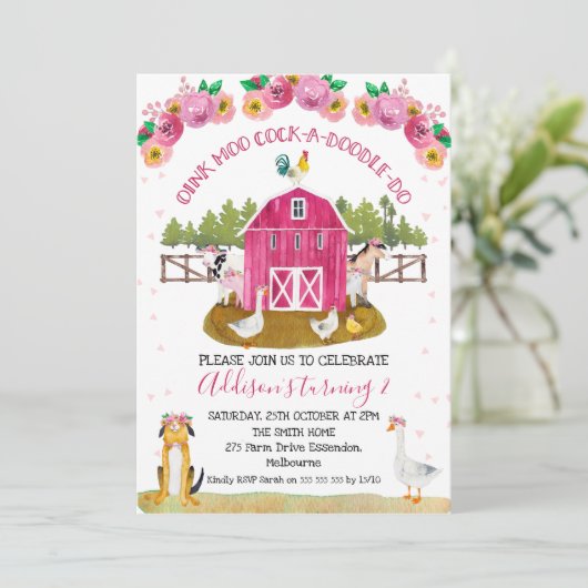 ホットピンクバーンファームファームファーミヤードアニマルズ誕生日 招待状 (スタンド正面)