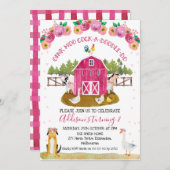 ホットピンクバーンファームファームファーミヤードアニマルズ誕生日 招待状 (正面/裏面)