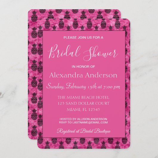 ホットピンクパイナップル熱帯ブライダルシャワー 招待状 (正面/裏面)
