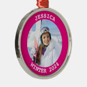 ホットピンクパーソナライズされたラウンドファミリー写真 メタルオーナメント (右)