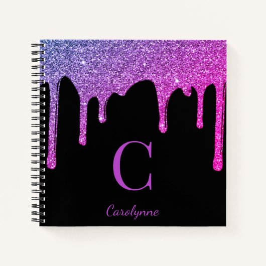 ホットピンクパープルスパークルグリッタードリップスモノグラム ノートブック (正面)