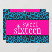 ホットピンクパープルティール(緑がかった色)ブルーレオパードSweet sixteen 招待状 (正面/裏面)