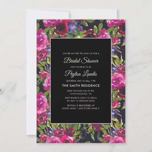 ホットピンクパープルフローラオンブラックブライダルシャワー 招待状 (正面)