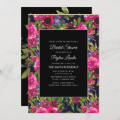 ホットピンクパープルフローラオンブラックブライダルシャワー 招待状 (正面/裏面)