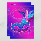 ホットピンクパープルマスカレードパーティー 招待状 (正面/裏面)