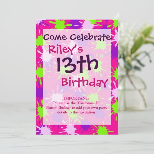 ホットピンクパープルライムグリーン絵を描（ばちゃばちゃ）跳ねるスプロッチ 招待状 (スタンド正面)