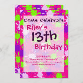 ホットピンクパープルライムグリーン絵を描(ばちゃばちゃ)跳ねるスプロッチ 招待状 (正面/裏面)