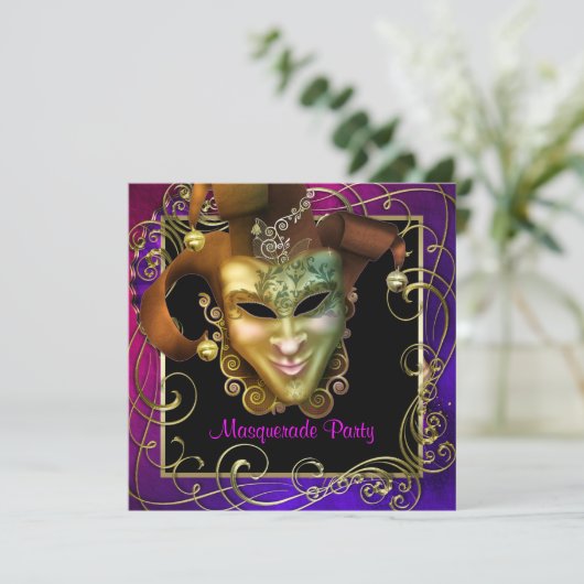 ホットピンクパープル金ゴールドマスカレードパーティの招待状 招待状 (スタンド正面)
