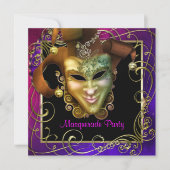 ホットピンクパープル金ゴールドマスカレードパーティの招待状 招待状 (正面)
