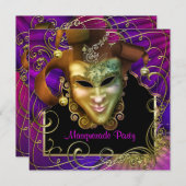 ホットピンクパープル金ゴールドマスカレードパーティの招待状 招待状 (正面/裏面)