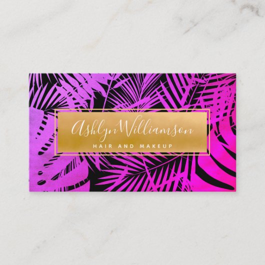 ホットピンクパープル金ゴールド熱帯性ヤシモダン文字 名刺 (正面)