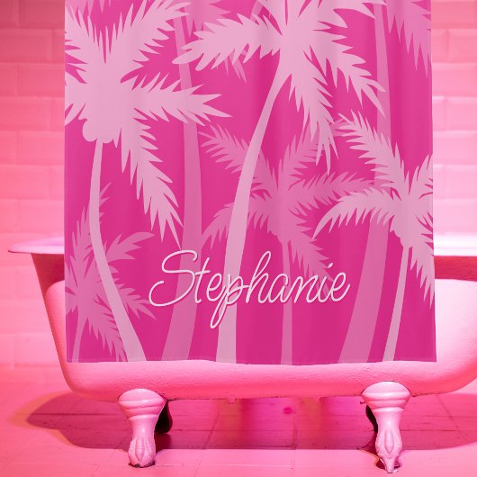 ホットピンクパームツリーマゼンタ明るい赤紫色 モノグラムの シャワーカーテン