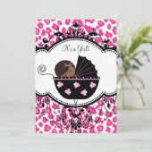 ホットピンクヒョウアフリカ系アメリカ人ベビーガールシャワー 招待状 (スタンド正面)