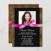 ホットピンクヒョウ写真甘い16誕生日パーティー 招待状 (正面/裏面)