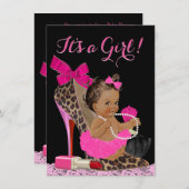 ホットピンクヒョウ高ヒールシューエスニックベビーシャワー 招待状 (正面/裏面)