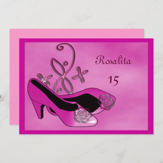 ホットピンクヒールキンセアニェラ15誕生日 招待状 (正面/裏面)