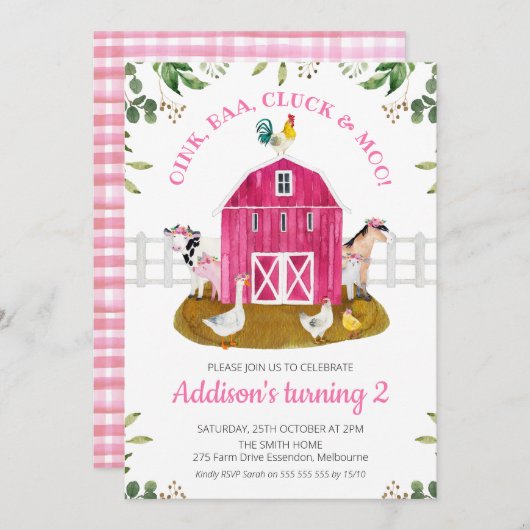 ホットピンクファームシーンリーフ誕生日招待状 招待状 (正面/裏面)