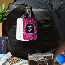ホットピンクフェイクグリッタースパークルスモノグラム ラゲッジタグ