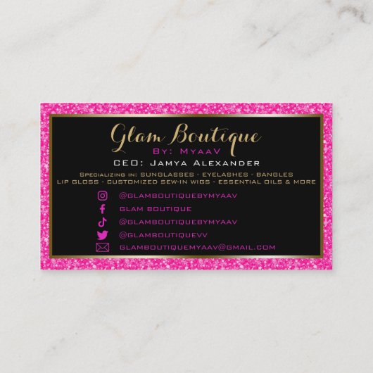 ホットピンクフェイクグリッター布掛け名刺 名刺 (裏面)