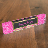 ホットピンクフェイクグリッター金ゴールドアクセント デスクネームプレート (側面)