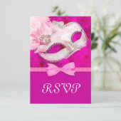 ホットピンクフェザーマスクマスカレードパーティーRSVP 出欠カード (スタンド正面)