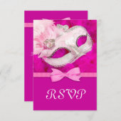 ホットピンクフェザーマスクマスカレードパーティーRSVP 出欠カード (正面/裏面)